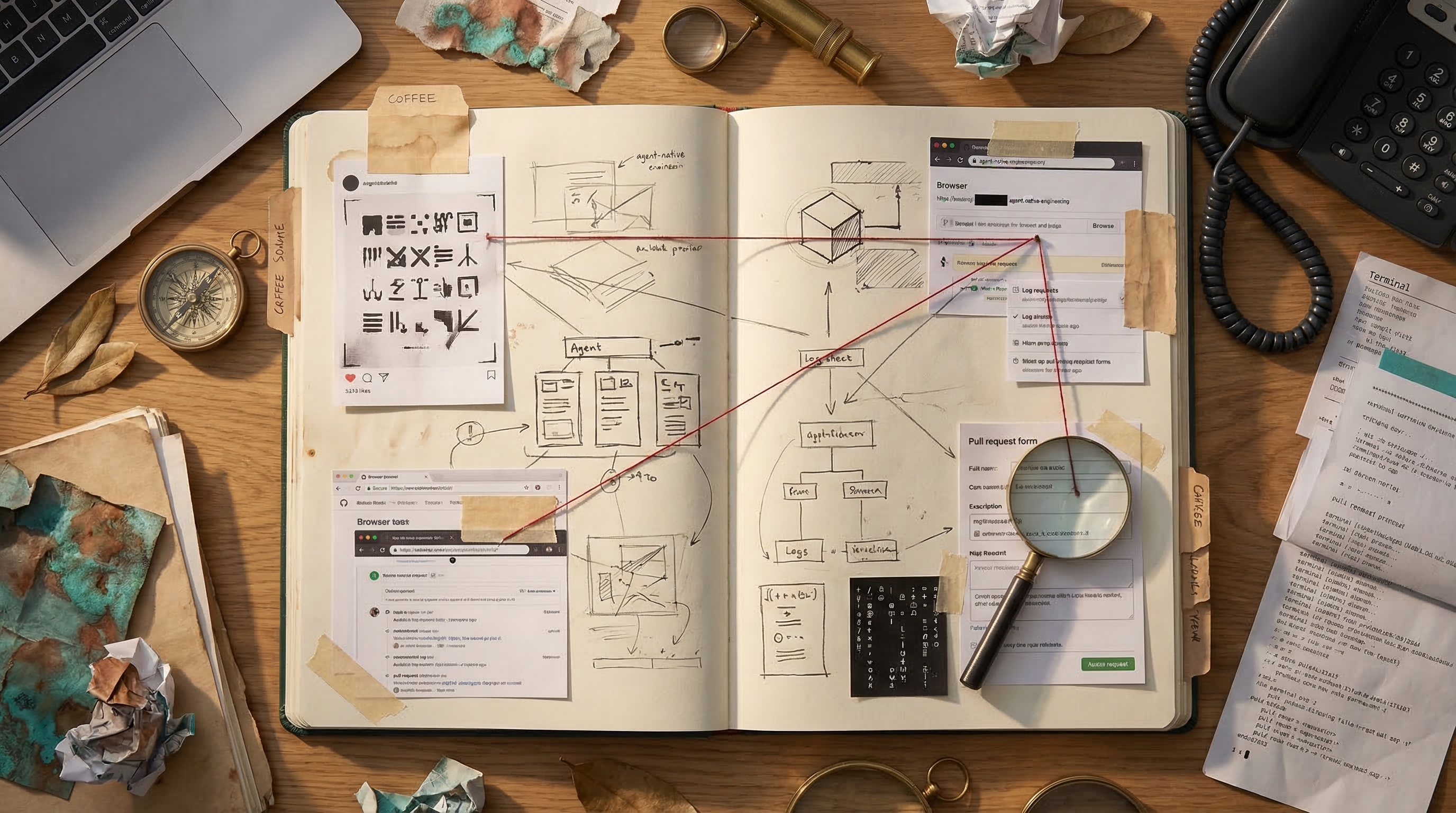 A field-journal style operating desk showing shared access to engineering tools, logs, browser views, and pull request artifacts.