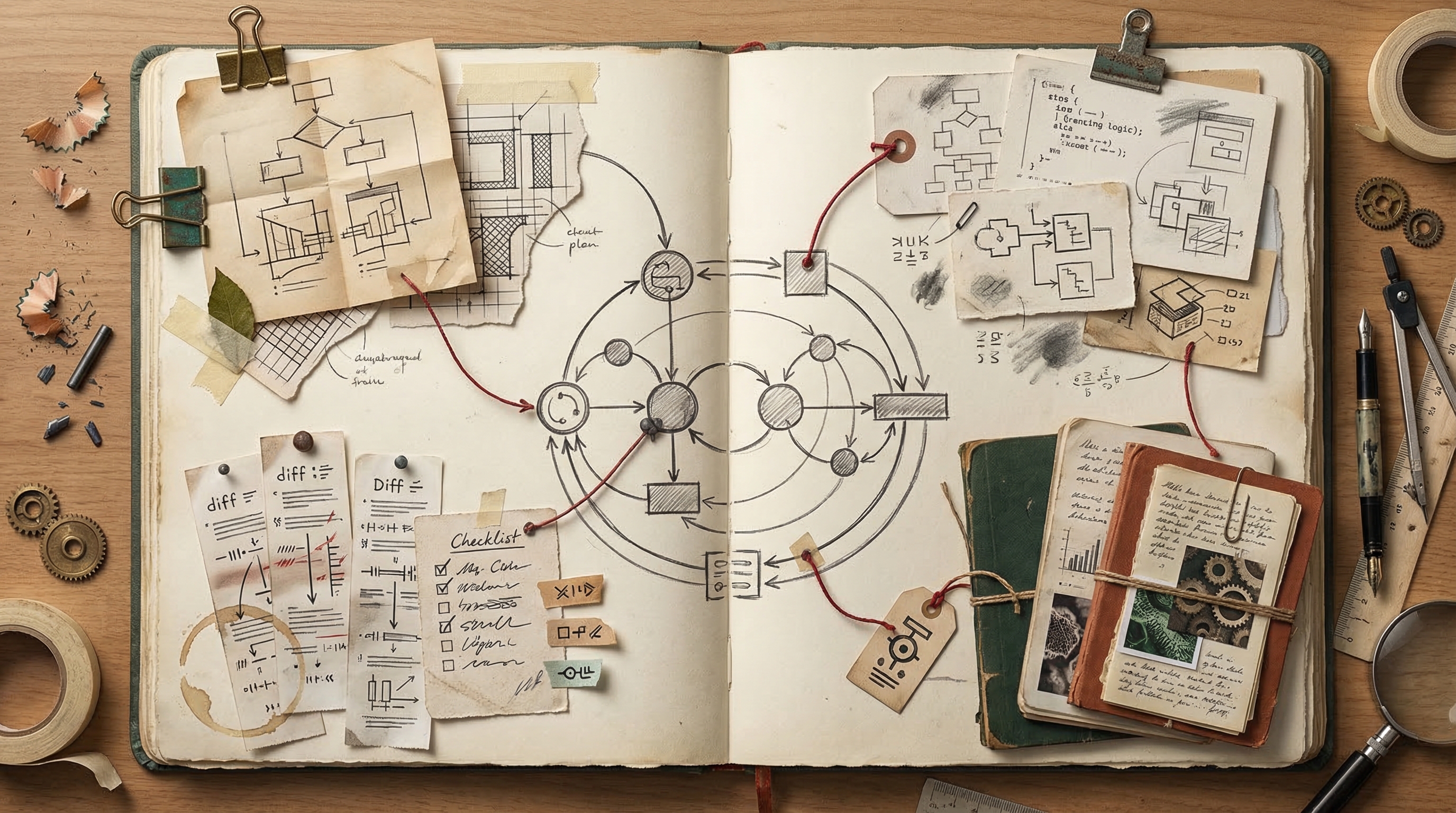 A field-journal style engineering notebook spread showing plans, reviews, implementation scraps, and archived learnings connected in a looping system.